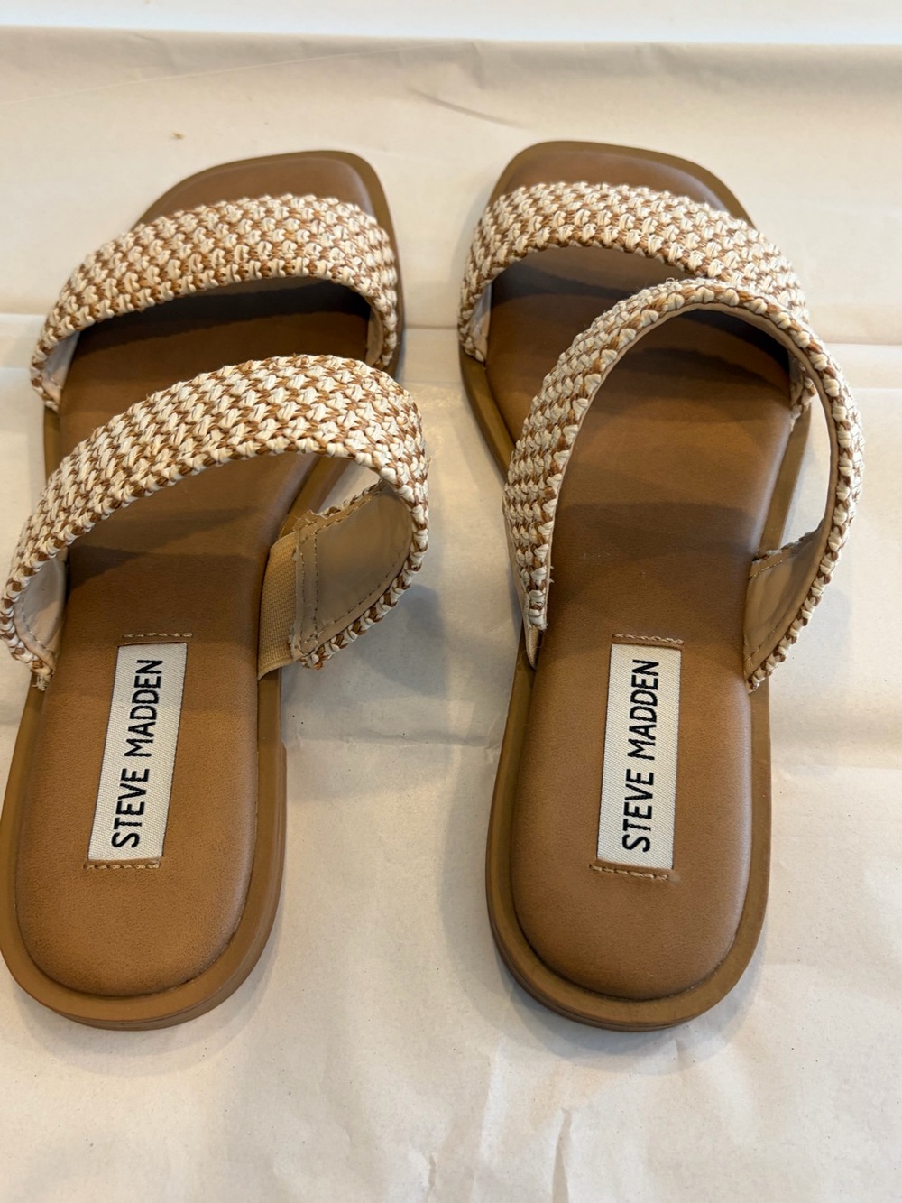 Steve Madden Two-Band Woven Slide Sandals in Beige and Tan